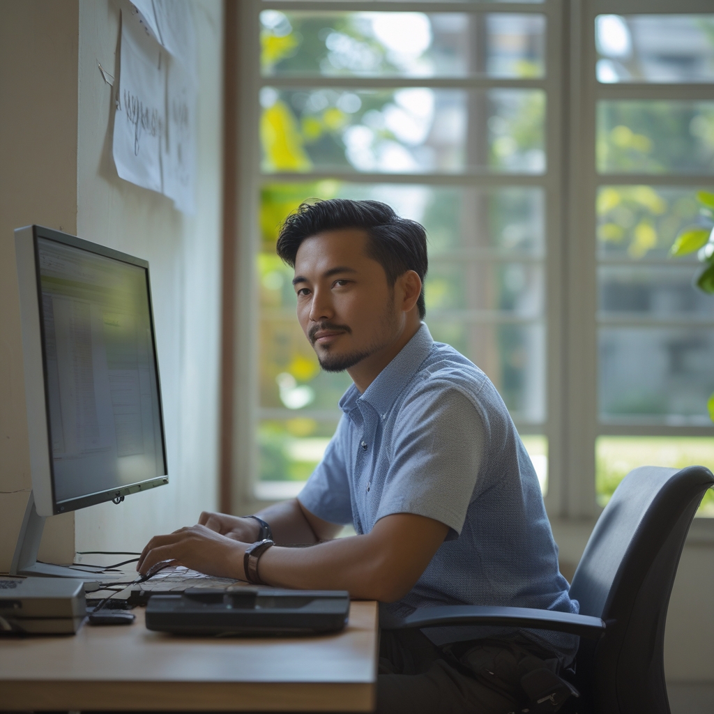 Seseorang duduk di meja kerja dengan postur rileks, menjauhkan pandangan dari layar komputer dan menatap ke luar jendela kantor yang menghadap ke taman hijau di tengah kota, ekspresi tenang