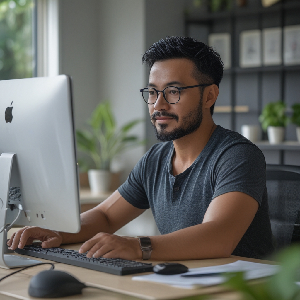 Seseorang dengan ekspresi rileks dan tenang duduk di meja kerja ergonomis, mengistirahatkan pandangannya dari komputer dengan memejamkan mata sejenak, ruangan terang bersih dengan tanaman hijau di latar belakang