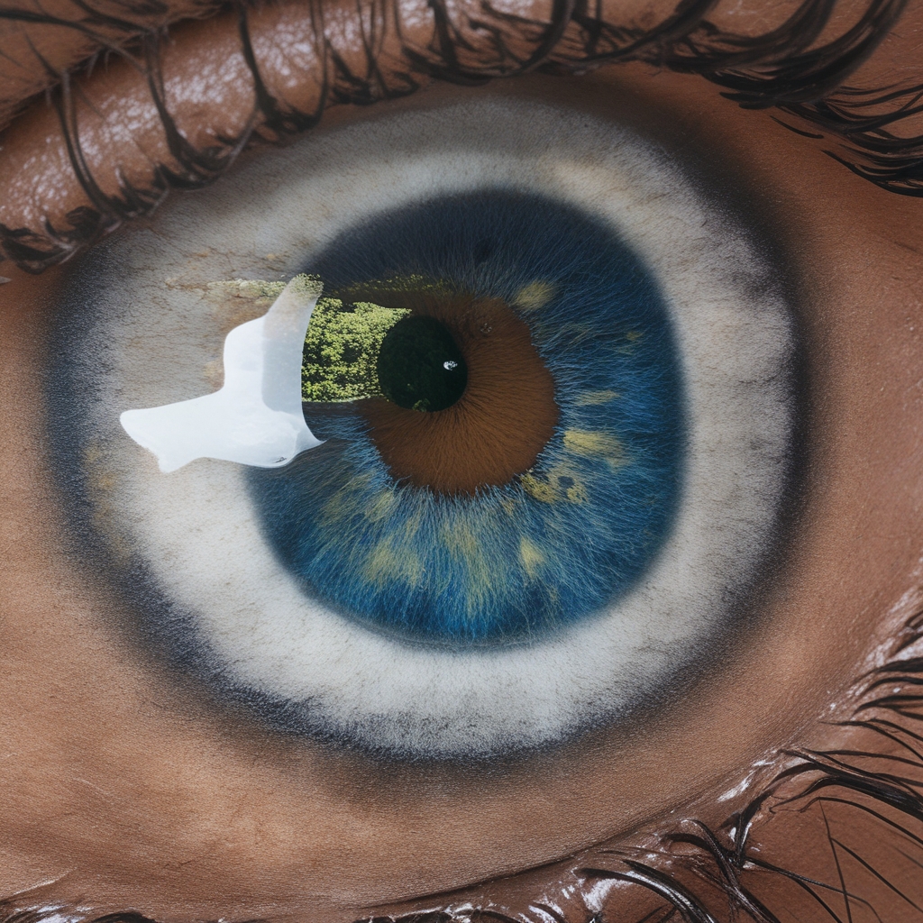 Ilustrasi artistik abstrak berbentuk lingkaran konsentris yang menyerupai iris mata, dengan gradasi warna dari biru gelap ke abu-abu terang, tanpa teks atau label medis, gaya fotografi makro pada permukaan berstruktur