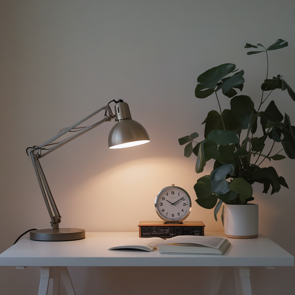 Meja kerja minimalis dengan jam analog sederhana di atasnya, buku catatan terbuka, dan secangkir teh hangat, cahaya pagi yang lembut masuk dari samping