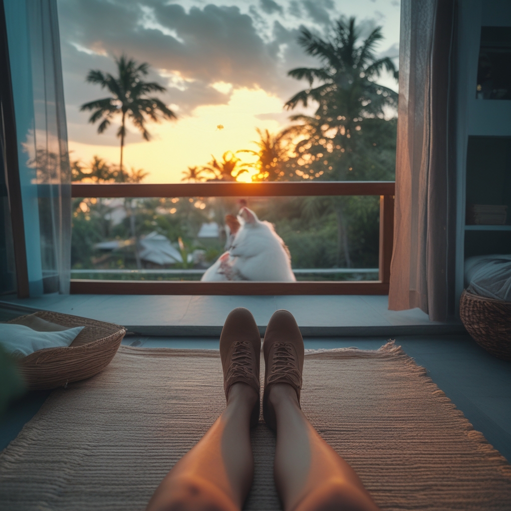 Pemandangan luar ruangan yang tenang, padang rumput hijau luas di bawah langit biru cerah dengan awan putih berarak, perspektif pandangan dari mata seseorang yang sedang bersantai