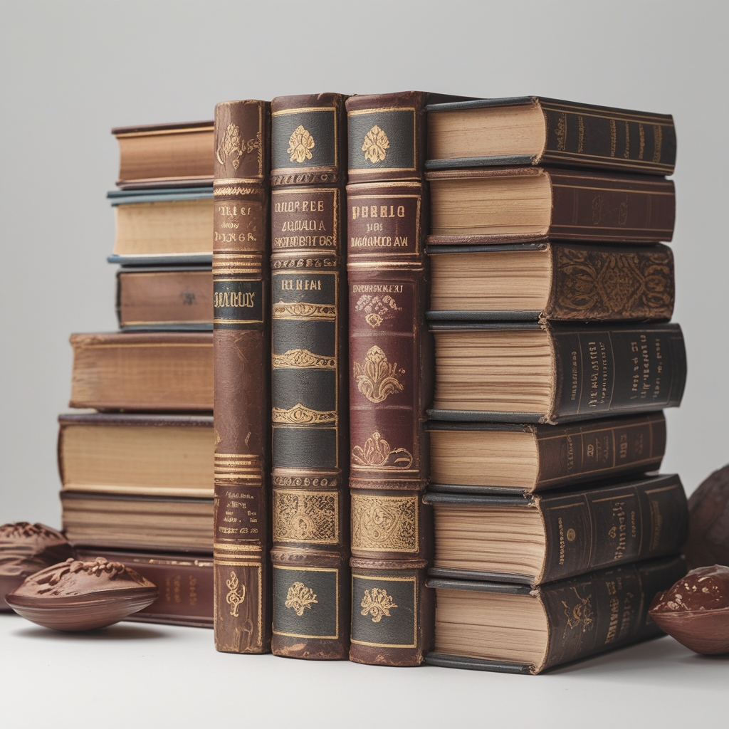 Tumpukan buku-buku kuno bersejarah dengan sampul kulit coklat tua di rak kayu gelap, cahaya hangat menerangi punggung buku yang bertuliskan judul dalam berbagai bahasa